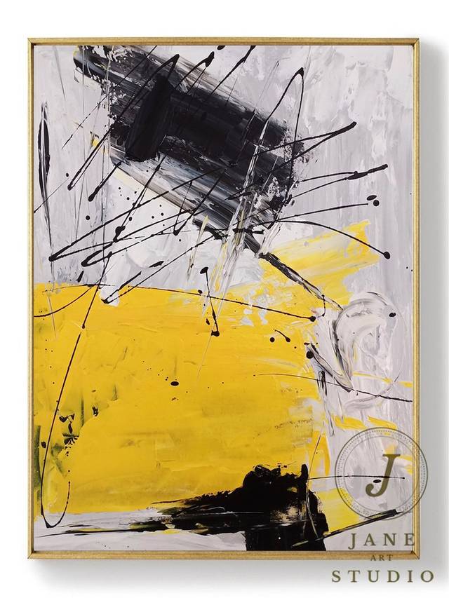 Gray Minimal Black Yellow Abstract Canvas Artwork W9TD1 wall art